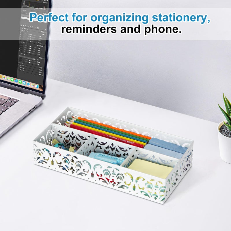 EasyPAG Desk Drawer Organizer with 4 Compartments, Carved Hollow Floral Metal Tray for Office, Jewelry, Cosmetics - No Assembly, White - Image 3